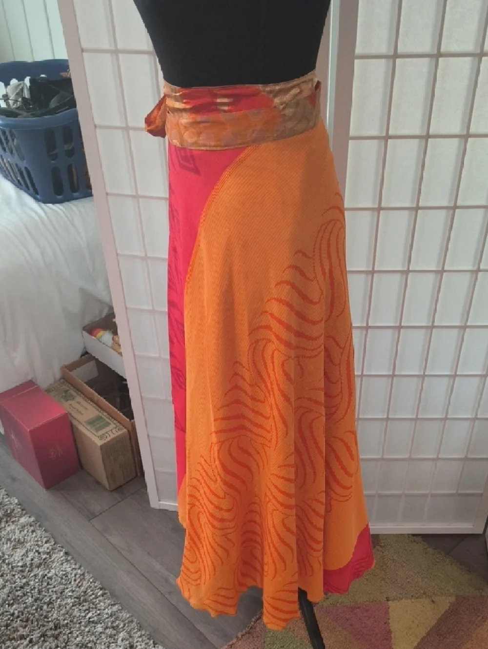 VINTAGE Silk Sari Reversible Wrap Skirt - Red & Orange - Darn Good Yarn - Picture 16 of 17